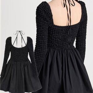 STAUD Black Smocked Tie Front Dress